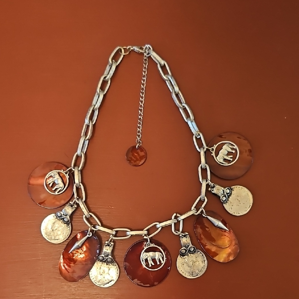 Elephant Charm Necklace in Silver and Brown